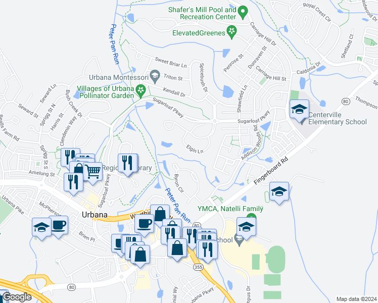 map of restaurants, bars, coffee shops, grocery stores, and more near 9321 Elgin Lane in Frederick