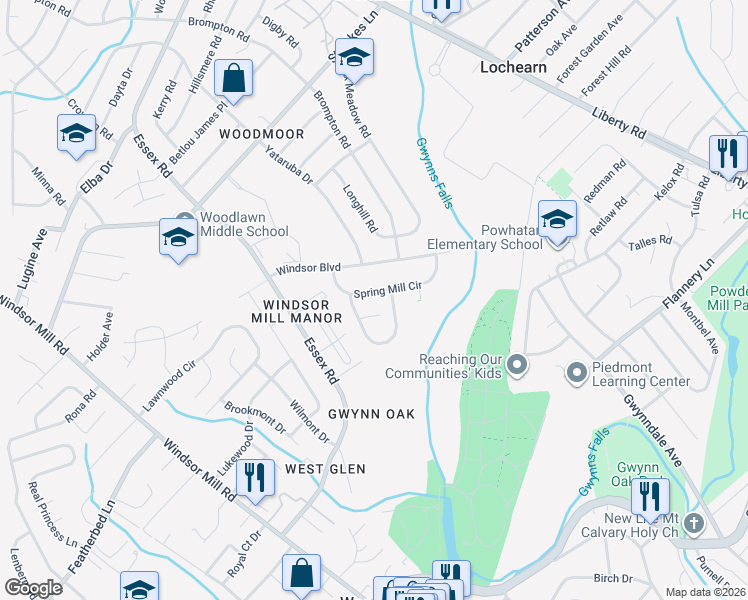 map of restaurants, bars, coffee shops, grocery stores, and more near 6623 Spring Mill Circle in Lochearn