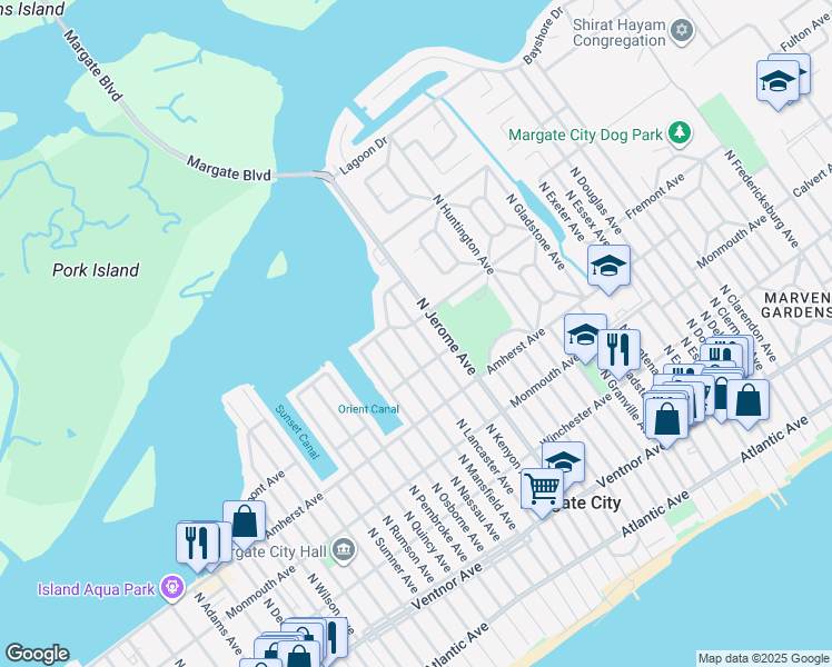 map of restaurants, bars, coffee shops, grocery stores, and more near 412 North Kenyon Avenue in Margate City