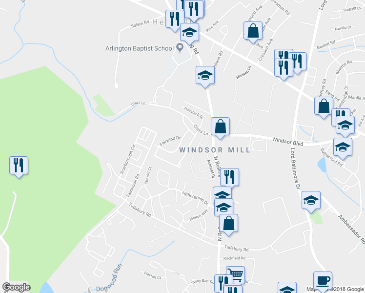 map of restaurants, bars, coffee shops, grocery stores, and more near 2825 Cunningham Drive in Milford Mill