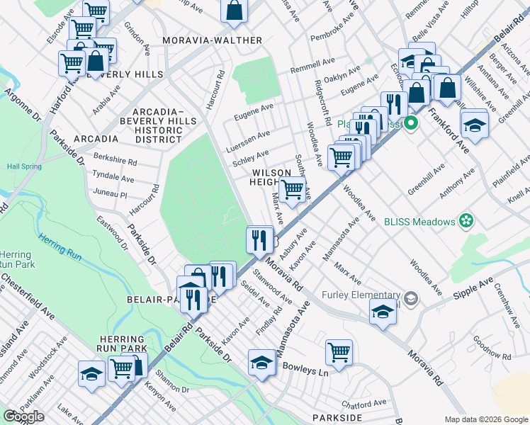 map of restaurants, bars, coffee shops, grocery stores, and more near 4108 Saint Thomas Avenue in Baltimore