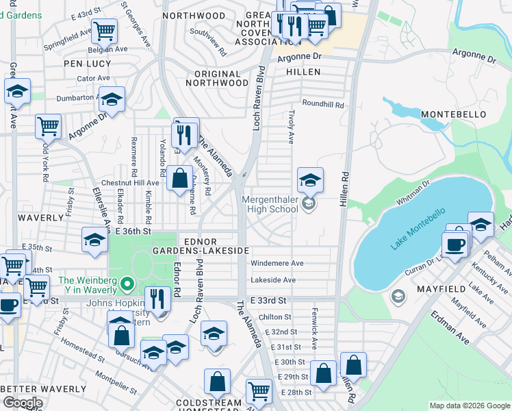 map of restaurants, bars, coffee shops, grocery stores, and more near 1501 Oakridge Road in Baltimore