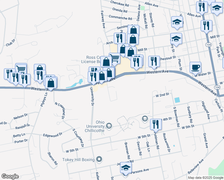 map of restaurants, bars, coffee shops, grocery stores, and more near Dun Road in Chillicothe
