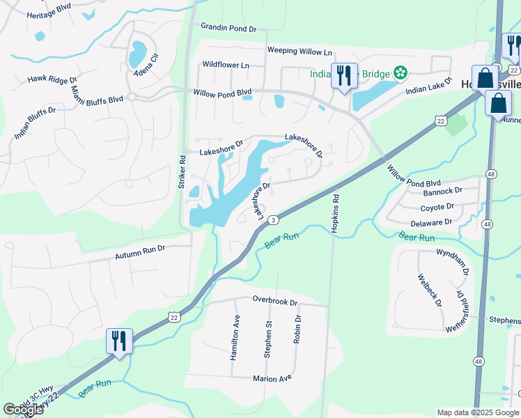 map of restaurants, bars, coffee shops, grocery stores, and more near 747 Yachtsman Cove in Maineville