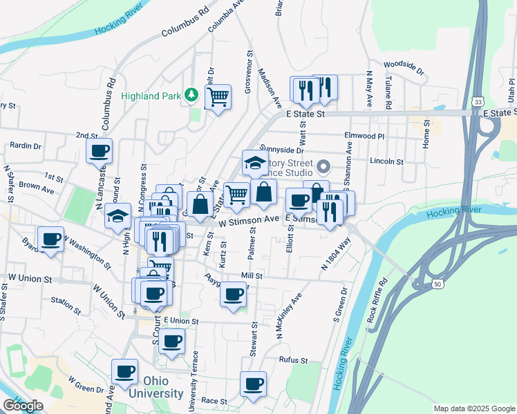 map of restaurants, bars, coffee shops, grocery stores, and more near 15 Ondis Avenue in Athens