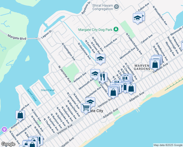 map of restaurants, bars, coffee shops, grocery stores, and more near 210 North Granville Avenue in Margate City