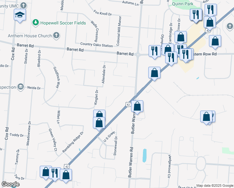 map of restaurants, bars, coffee shops, grocery stores, and more near 8599 Acredale Drive in Butler County