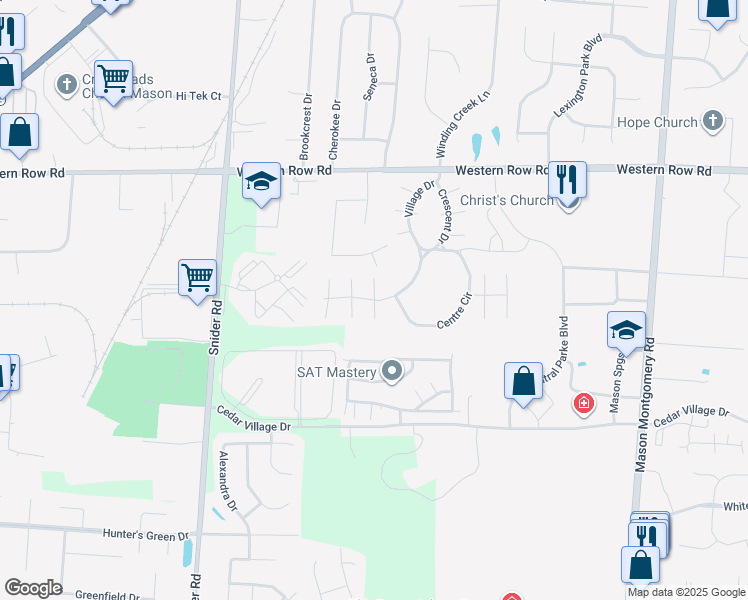 map of restaurants, bars, coffee shops, grocery stores, and more near 7310 Village Drive in Mason