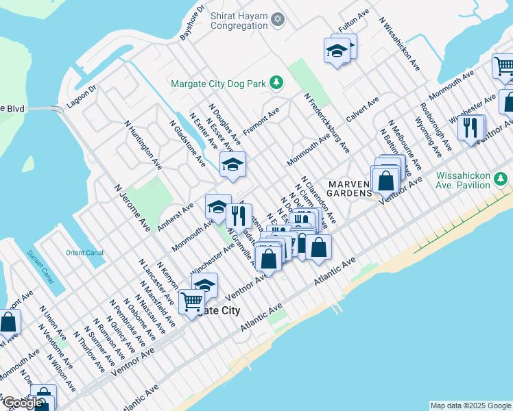 map of restaurants, bars, coffee shops, grocery stores, and more near 112 North Exeter Avenue in Margate City