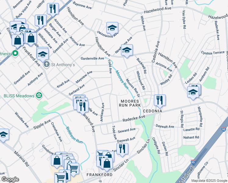 map of restaurants, bars, coffee shops, grocery stores, and more near 5503 Todd Avenue in Baltimore