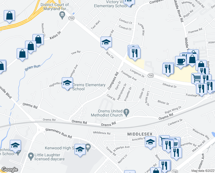 map of restaurants, bars, coffee shops, grocery stores, and more near 32 Compass Road in Middle River