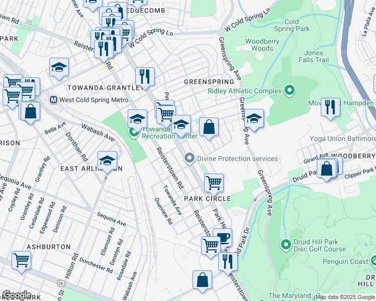 map of restaurants, bars, coffee shops, grocery stores, and more near 3827 Park Heights Avenue in Baltimore