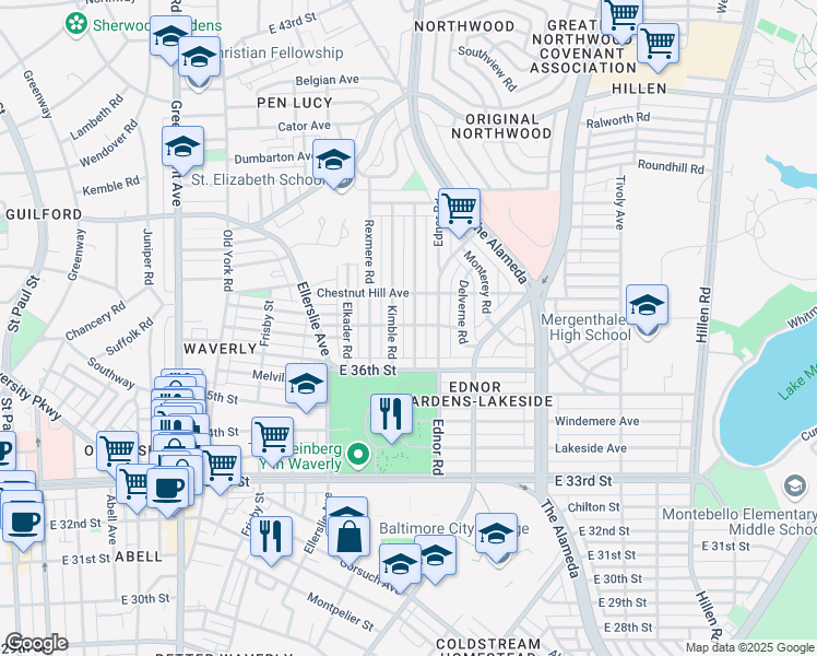 map of restaurants, bars, coffee shops, grocery stores, and more near 3632 Yolando Road in Baltimore