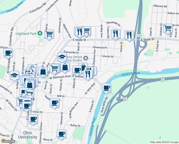 map of restaurants, bars, coffee shops, grocery stores, and more near 155 Morris Avenue in Athens