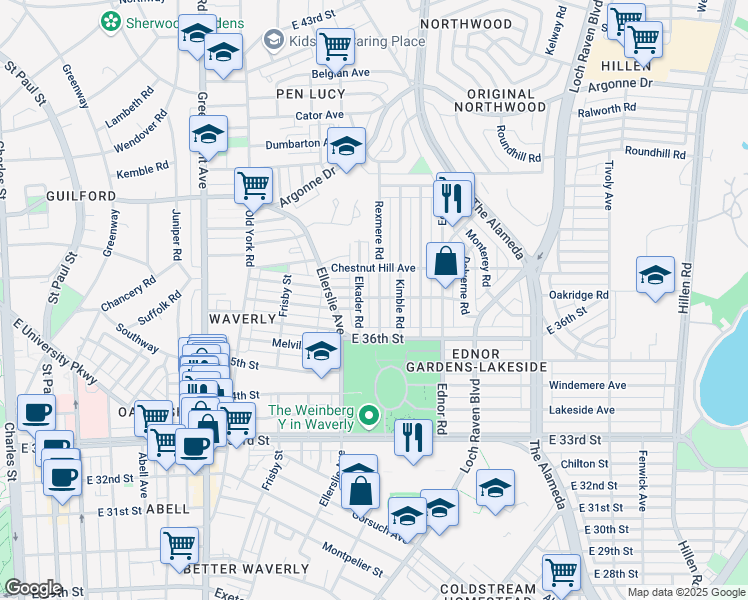 map of restaurants, bars, coffee shops, grocery stores, and more near 3632 Rexmere Road in Baltimore
