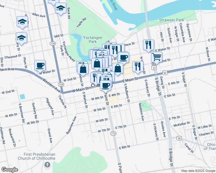 map of restaurants, bars, coffee shops, grocery stores, and more near 12 East Main Street in Chillicothe