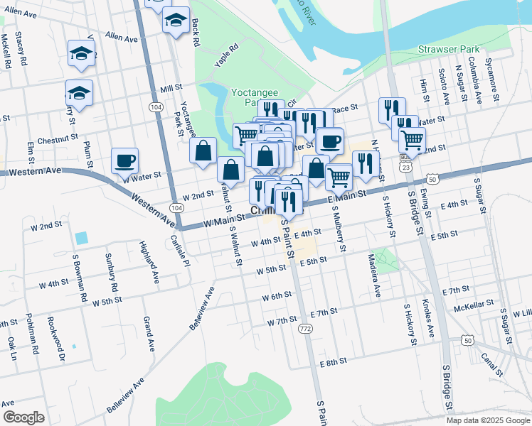 map of restaurants, bars, coffee shops, grocery stores, and more near 26 1/2 West Main Street in Chillicothe