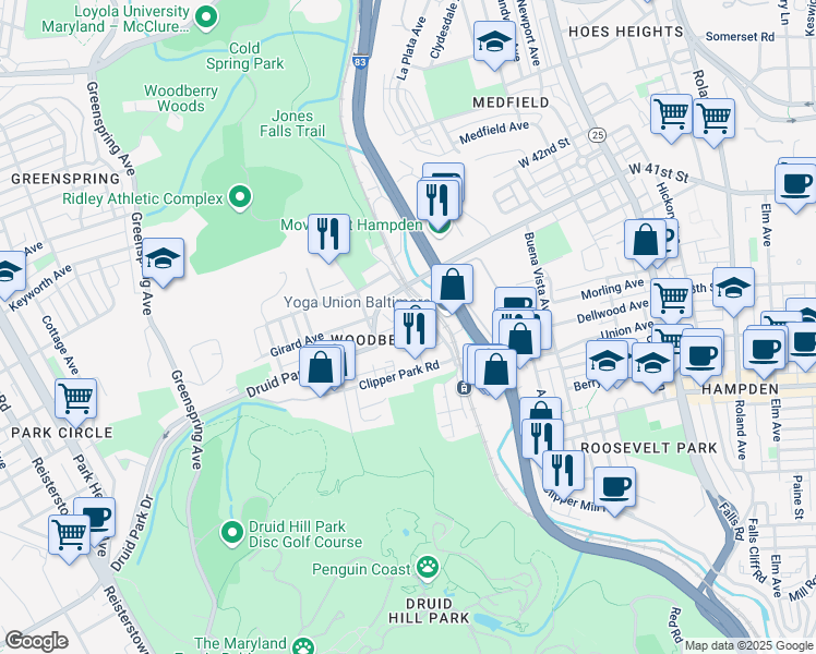 map of restaurants, bars, coffee shops, grocery stores, and more near 2008 Druid Park Drive in Baltimore