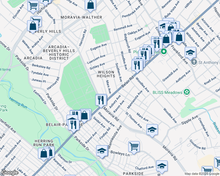 map of restaurants, bars, coffee shops, grocery stores, and more near 4132 Marx Avenue in Baltimore