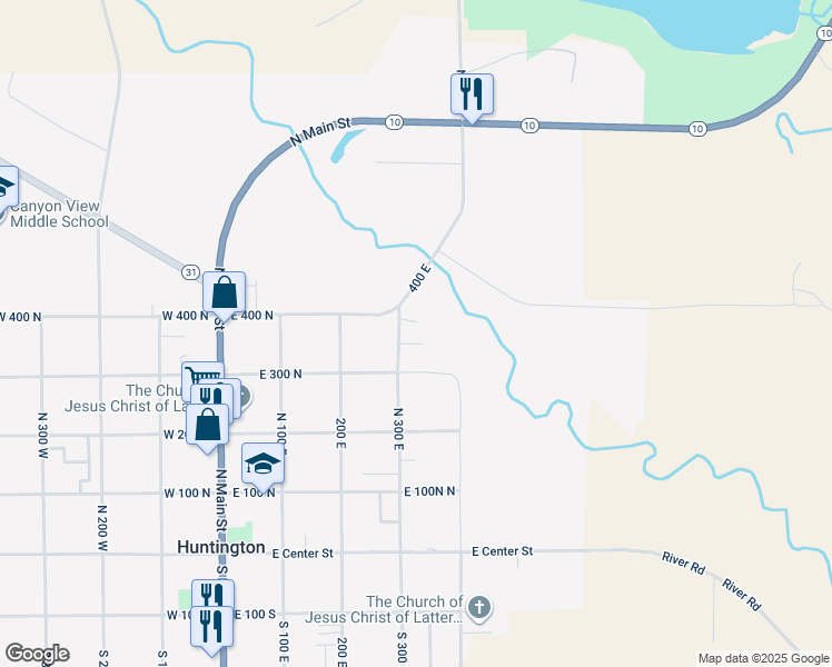 map of restaurants, bars, coffee shops, grocery stores, and more near 380 North 300 East in Huntington