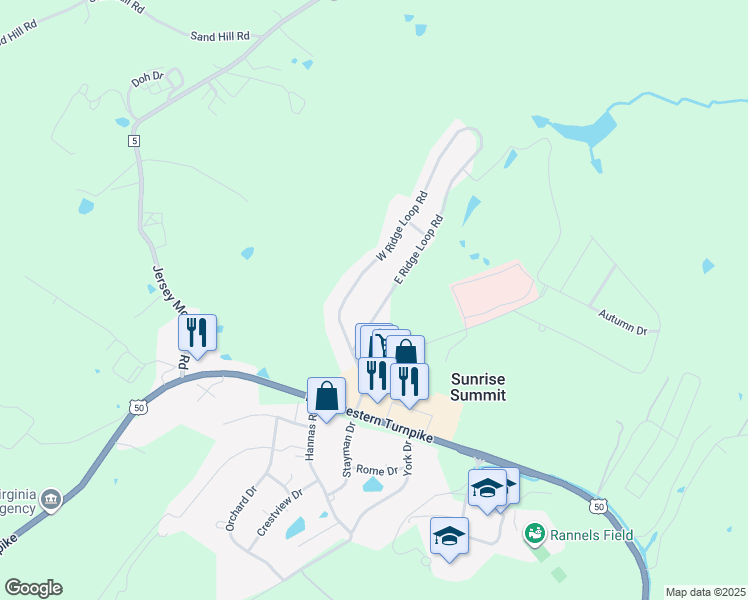 map of restaurants, bars, coffee shops, grocery stores, and more near 141 East Ridge Loop Road in Romney