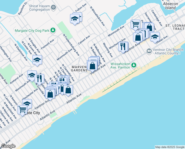 map of restaurants, bars, coffee shops, grocery stores, and more near in Margate City