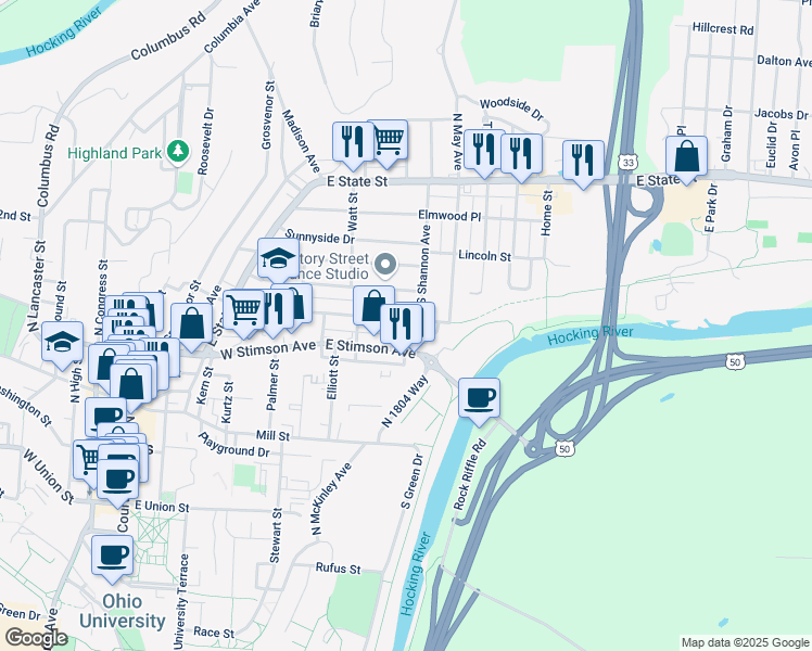 map of restaurants, bars, coffee shops, grocery stores, and more near 153 Morris Avenue in Athens