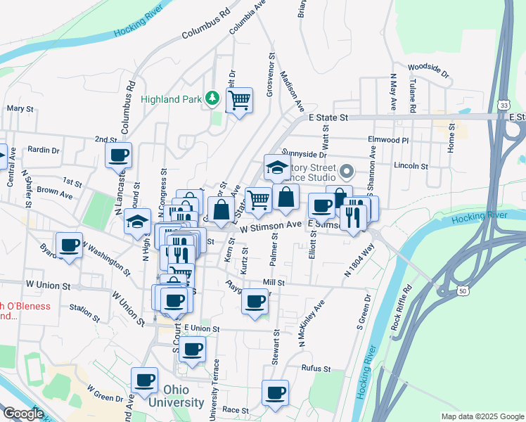 map of restaurants, bars, coffee shops, grocery stores, and more near 15.5 Morris Avenue in Athens