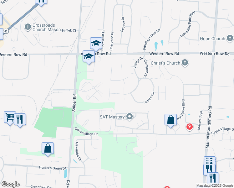 map of restaurants, bars, coffee shops, grocery stores, and more near 7310-7350 Village Drive in Mason