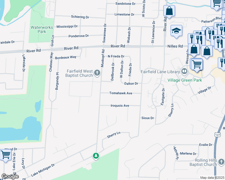 map of restaurants, bars, coffee shops, grocery stores, and more near 5412 Tomahawk Avenue in Fairfield