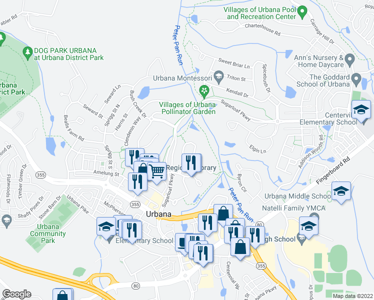 map of restaurants, bars, coffee shops, grocery stores, and more near 3711 Hope Commons Circle in Frederick