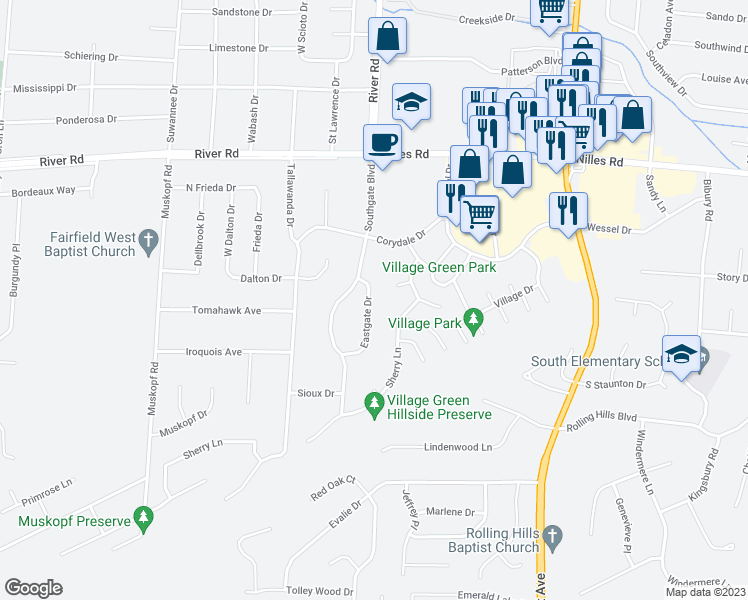 map of restaurants, bars, coffee shops, grocery stores, and more near 5380 Eastgate Drive in Fairfield