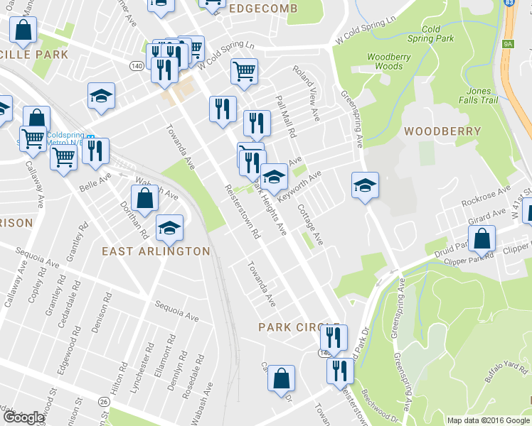 map of restaurants, bars, coffee shops, grocery stores, and more near 3838 Park Heights Ave in Baltimore