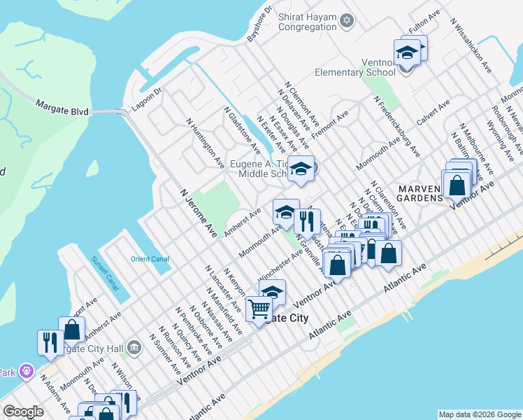 map of restaurants, bars, coffee shops, grocery stores, and more near 300 North Huntington Avenue in Margate City