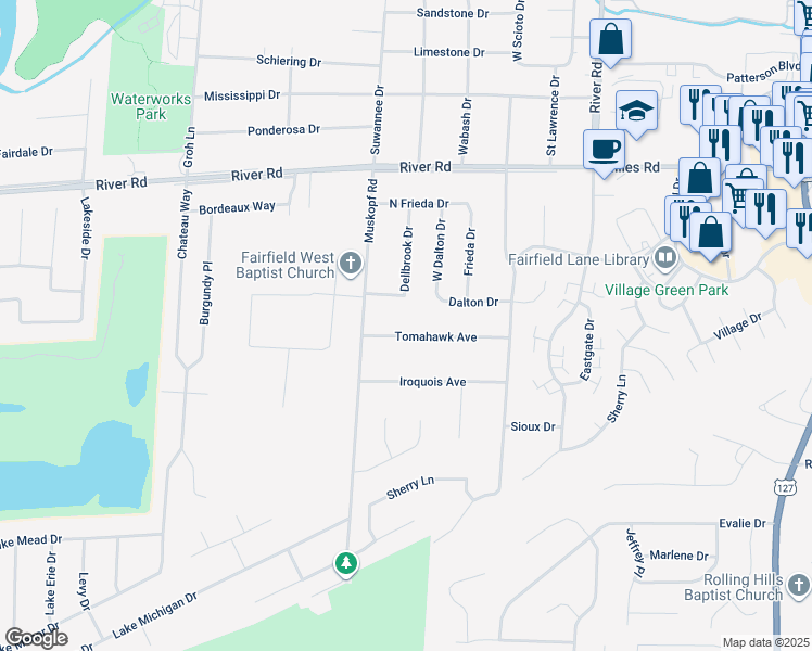 map of restaurants, bars, coffee shops, grocery stores, and more near 5412 Tomahawk Avenue in Fairfield