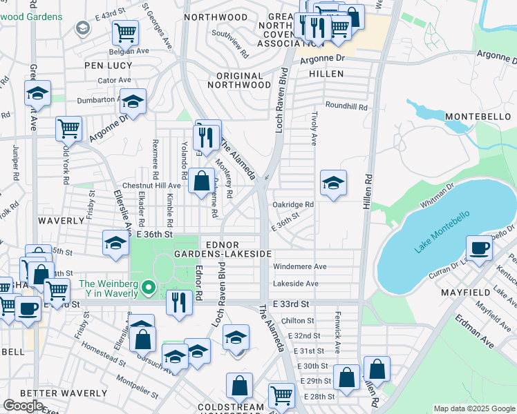 map of restaurants, bars, coffee shops, grocery stores, and more near 3706 The Alameda in Baltimore
