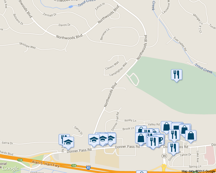 map of restaurants, bars, coffee shops, grocery stores, and more near 11734 Cedar Trail in Truckee