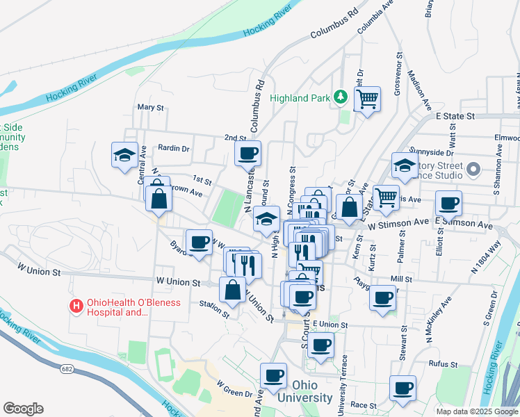 map of restaurants, bars, coffee shops, grocery stores, and more near 73 West Carpenter Street in Athens
