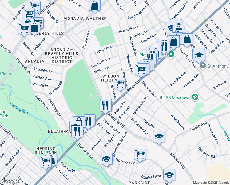map of restaurants, bars, coffee shops, grocery stores, and more near 4132 Marx Avenue in Baltimore
