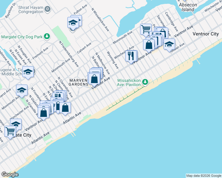 map of restaurants, bars, coffee shops, grocery stores, and more near 24 South Baltimore Avenue in Ventnor City