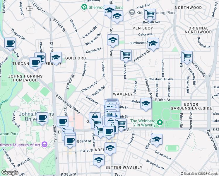 map of restaurants, bars, coffee shops, grocery stores, and more near 3620 Greenmount Avenue in Baltimore
