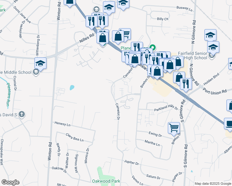 map of restaurants, bars, coffee shops, grocery stores, and more near 5307 Camelot Drive in Fairfield