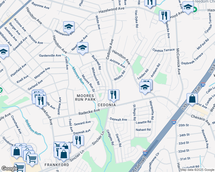 map of restaurants, bars, coffee shops, grocery stores, and more near 5445 Bucknell Road in Baltimore
