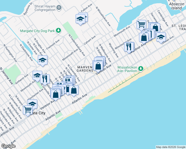 map of restaurants, bars, coffee shops, grocery stores, and more near in Margate City