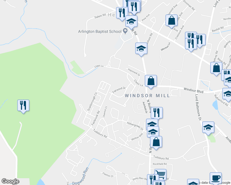 map of restaurants, bars, coffee shops, grocery stores, and more near 7515 Fairwind Drive in Milford Mill