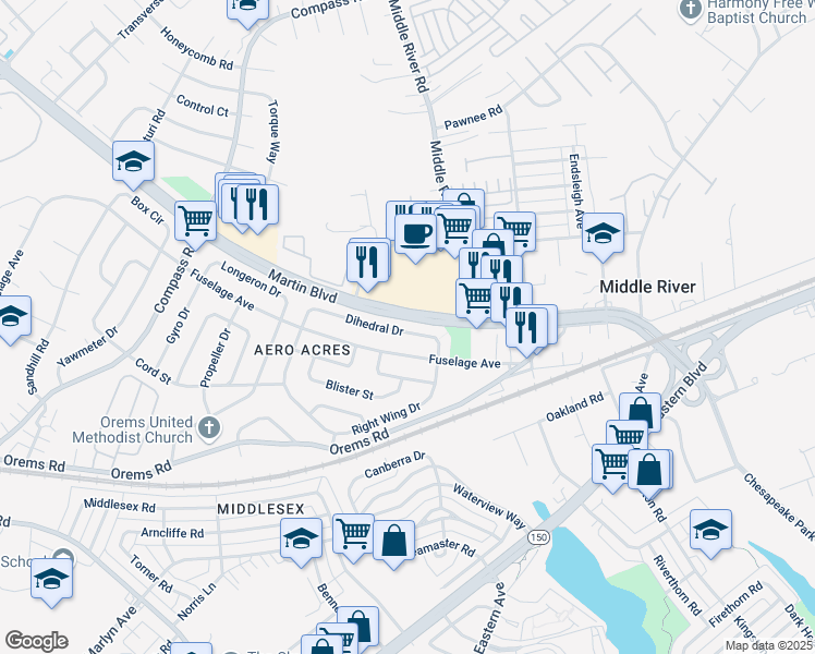 map of restaurants, bars, coffee shops, grocery stores, and more near 113 Dihedral Drive in Middle River