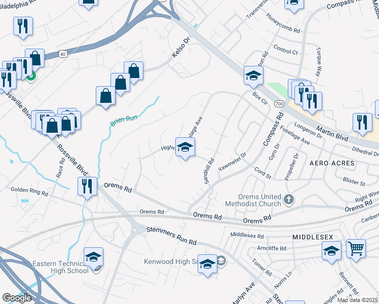 map of restaurants, bars, coffee shops, grocery stores, and more near 716 Highvilla Rd in Essex