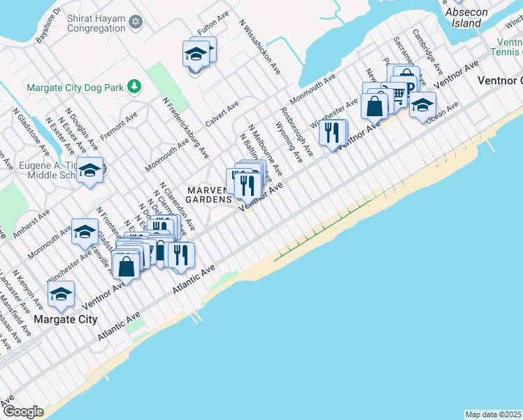 map of restaurants, bars, coffee shops, grocery stores, and more near 10 South Washington Avenue in Ventnor City