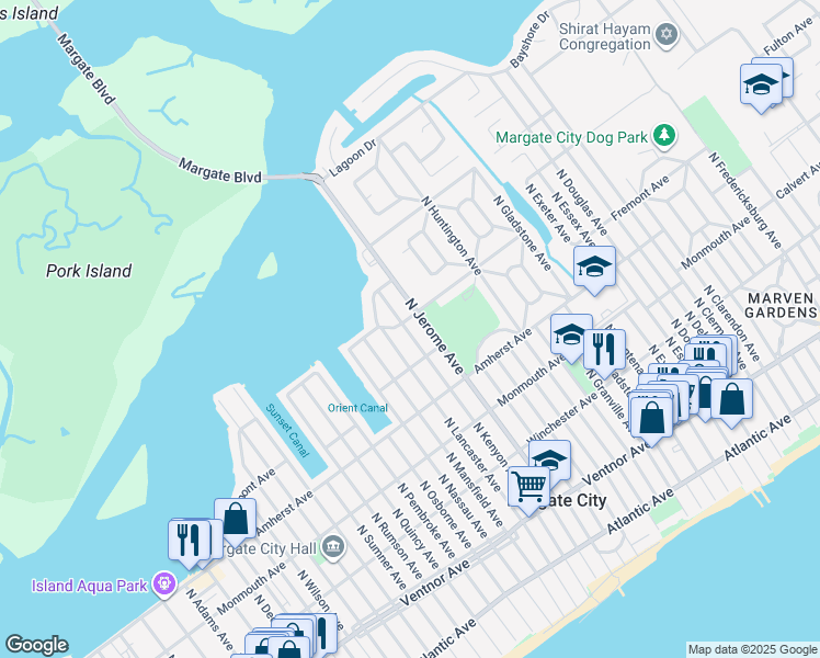 map of restaurants, bars, coffee shops, grocery stores, and more near 412 North Kenyon Avenue in Margate City