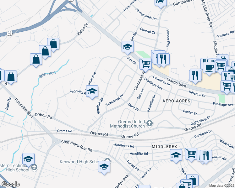map of restaurants, bars, coffee shops, grocery stores, and more near 47 Stabilizer Drive in Middle River